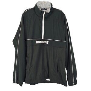 Hollister Mens Half Zip Windbreaker Size XL Black White Logo Lightweight Jacket